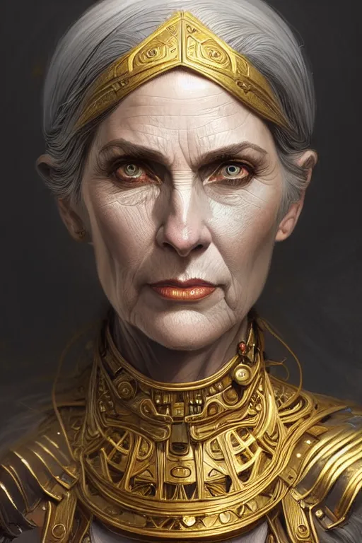 Image similar to portrait of a middle aged grey haired woman in the style of god of war, golden machine parts, intricate, elegant, highly detailed, digital painting, artstation, concept art, smooth, sharp focus, illustration, art by artgerm and greg rutkowski and alphonse mucha, 8 k