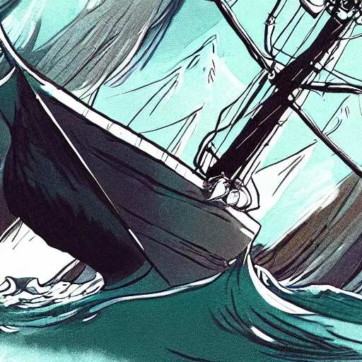 Prompt: an ancient white dragon tears apart a sailing boat, very detailed, prophet graphic novel, ilya kuvshinov, mcbess, rutkowski, simon roy wide shot, colorful, deep shadows,