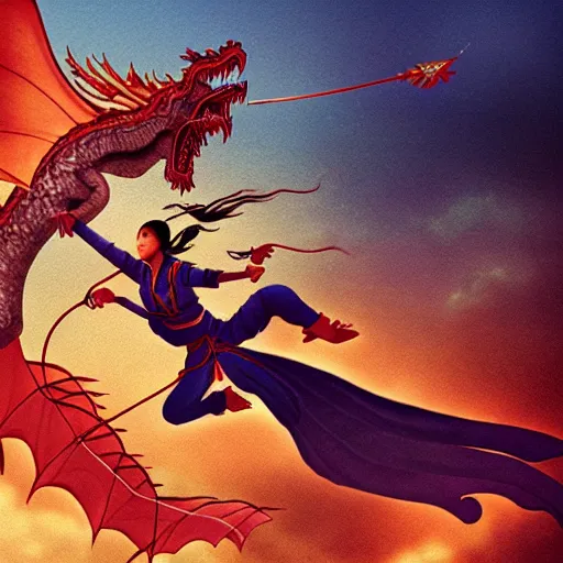 Image similar to a woman fighter flying in sky with a lung dragon, wuxia illustration by chen uen, cinematic lighting