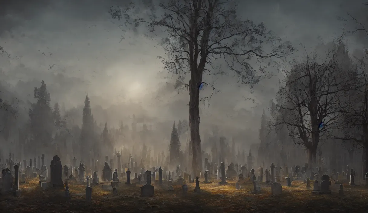Prompt: a beautiful painting of a graveyard, cinematic angle, studio lighting, movie concept, trending on artstation, 8 k, ultra high detail