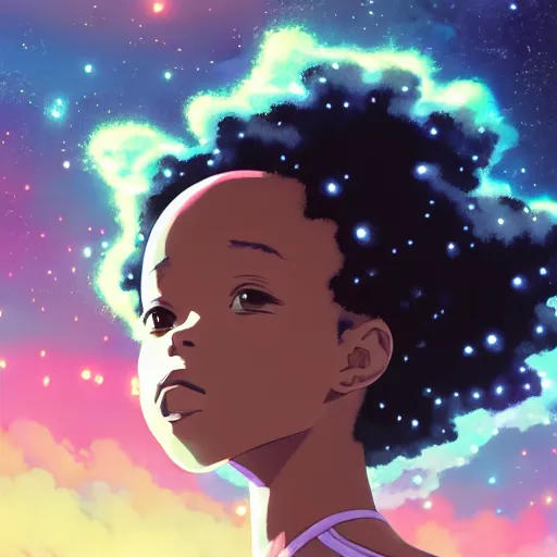 Prompt: ( a young black girl with a nebula afro ), riding on a cloud in a lightning storm, trending on pixiv fanbox, painted by makoto shinkai takashi takeuchi studio ghibli, akihiko yoshida, yoshitaka amano, wangechi mutu, clean cel shaded vector art, retrowave colors, illustration, hd, 8 k