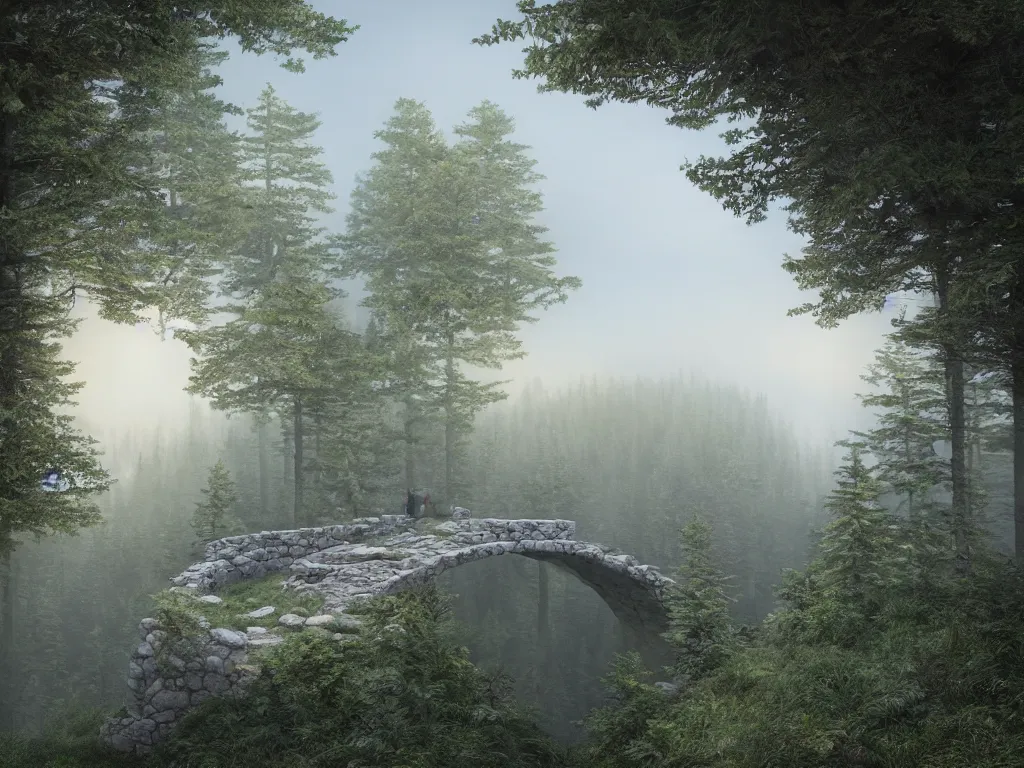 Prompt: A beautiful matte drawing of a small ellipse-shaped building with rounded windows, standing on a large cliff near a coniferous forest. A very thin stone bridge goes over the cliff. View from afar, photorealism, fog, 8k, 16k