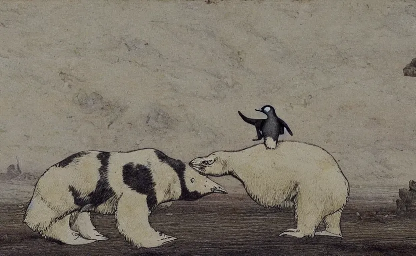 Image similar to A penguin riding a polar bear, in an epic medieval battle