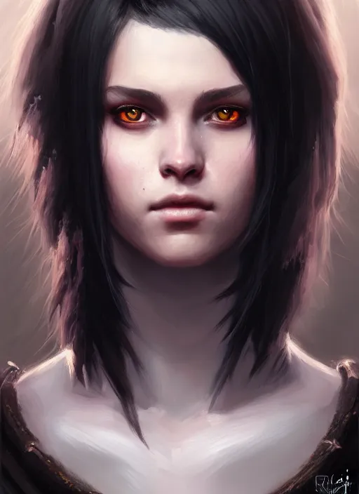 Image similar to a _ fantasy _ style _ portrait _ painting _ of young adult, black fringe hair, round face, rpg dnd oil _ painting _ unreal _ 5 _ daz. _ rpg _ portrait _ extremely _ detailed _ artgerm _ greg _ rutkowski _ greg