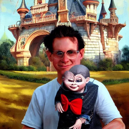 Image similar to chris patt holding the doll chucky, disney land as backdrop, oil painting, by greg rutkowski