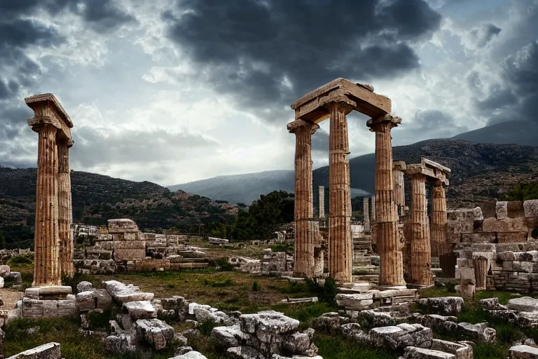 Prompt: Ancient Greek architecture in a Greek valley, dramatic sky, digital art, 4k, 8k, trending on ArtStation