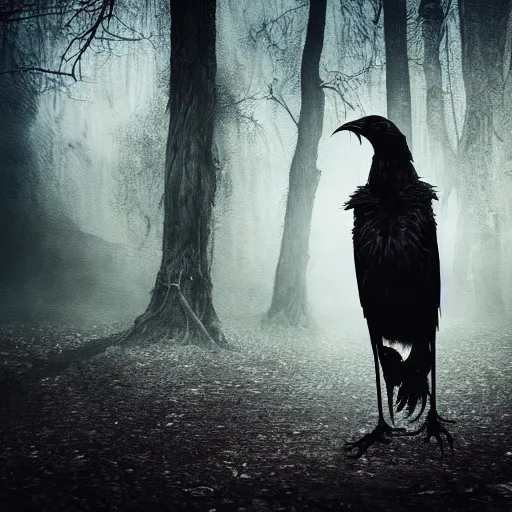 Image similar to werecreature consisting of a crow and a human, featured on artstation, photograph captured in a dark forest