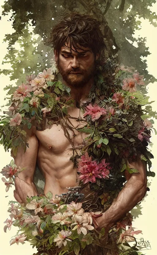 Image similar to god of the forest, 3 0 years old, rugged, male, gorgeous, detailed face, amazing, thighs!!!!!!, flowers, muscular, intricate, highly detailed, digital painting, artstation, concept art, sharp focus, illustration, art by greg rutkowski and alphonse mucha