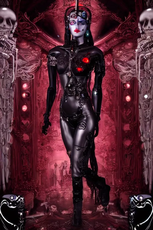 Prompt: full-body cyberpunk style sculpture of a young beautiful dark priestess, half android with a head opening exposing circuitry, glowing red eyes, black roses, flowing blood red colored silk fabric. baroque elements, candles, human skull, crows flying in background. full-length view. baroque element. intricate artwork by Caravaggio. Trending on artstation, octane render, cinematic lighting from the right, hyper realism, octane render, 8k, depth of field, 3D