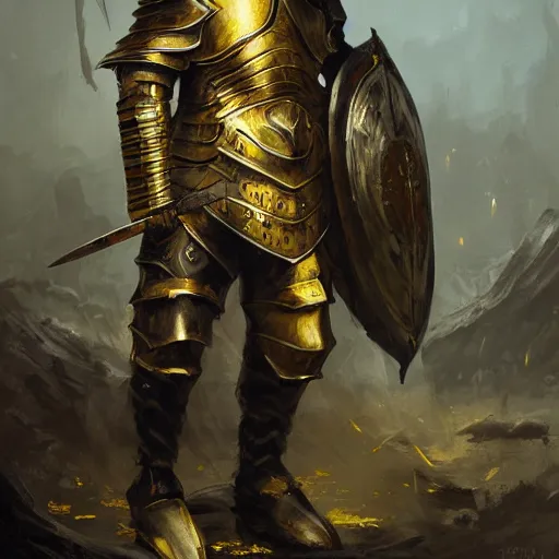 Image similar to anthropomorphic knight warrior in battle wearing black and gold plate armor, oil painting, Tooth Wu, Greg Rutkowski, RPG, dynamic lighting, fantasy art, High contrast, depth of field, landscape, scenery