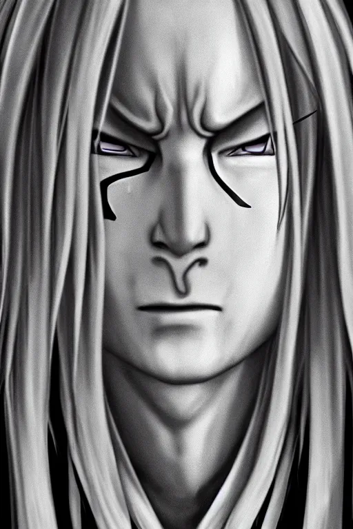Prompt: orochimaru naruto character portrait, realistic, 4 k, photo realism, black and white, perfect face