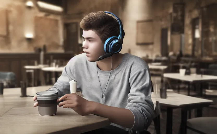 Image similar to a male teenager with headphones in a cafe sitting in front of a table with a coffee, digital painting, masterpiece, digital art, concept art, octane render, unreal engine 5, trending on deviantart, highly detailed, high quality, 4 k, cartoon, high coherence, realistic, anatomically correct, five fingers, relaxing, realistic and detailed face, beautiful, elegant