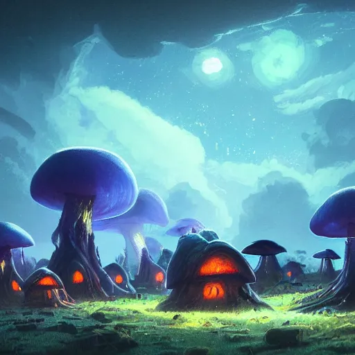 Image similar to concept art painting of a fantasy alien nighttime landscape of houses made of fungus, with glowing blue lights, glowing mushrooms, dark purple sky, realistic, detailed, cel shaded, in the style of makoto shinkai and greg rutkowski and albert bierstadt and james gurney