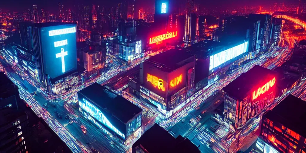 Image similar to giant illuminated billboards, megacity streets seen from above, neon signs, eerie fog, blade runner, ex machina