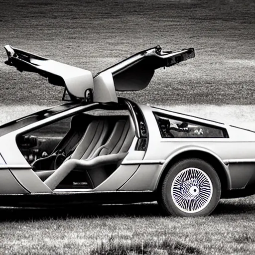 Prompt: a monochromatic sepia photograph of a delorean in a group of covered wagons,