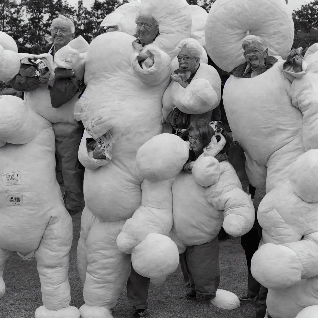 Prompt: a martin parr photo of a grandpa couple, wearing michelin man costumes