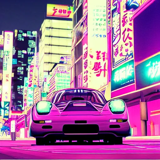 Image similar to vaporwave tokyo yakuza in suit driving in porche sports car driving at night city in background