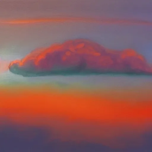 Prompt: a photorealistic hyperrealistic deep vivid colors of a floating teal cumulonimbus cloud in a dark orange sky