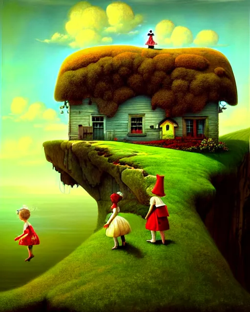 Prompt: a painting of a cottage built on the side of a cliff with children playing in the field, in the style of ray caesar, digital art