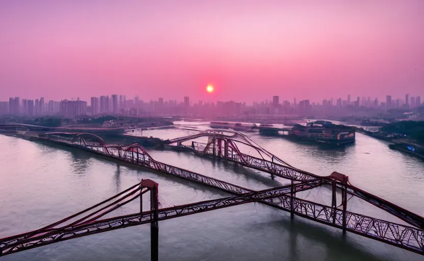 Prompt: a photo of wuhan yangtze river bridge, sunset, purple sky, cinematic, 8 k, highly - detailed