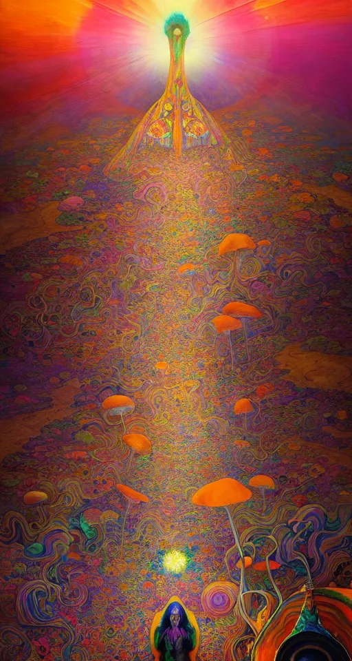 Image similar to An extremely psychedelic painting of the black rock city desert, colorful, surreal, dramatic lighting, magic mushrooms, psilocybin, LSD, detailed, intricate, elegant, highly detailed, digital painting, artstation, concept art, smooth, sharp focus, illustration, art by Krenz Cushart and Artem Demura and alphonse mucha