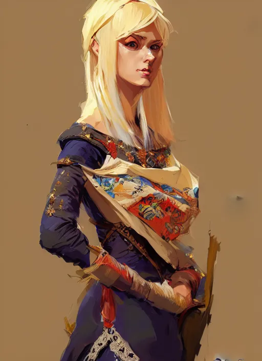 Image similar to a blonde woman wearing medieval tapestry as clothing, by jesper ejsing, ilya kuvshinov, greg rutkowski on artstation