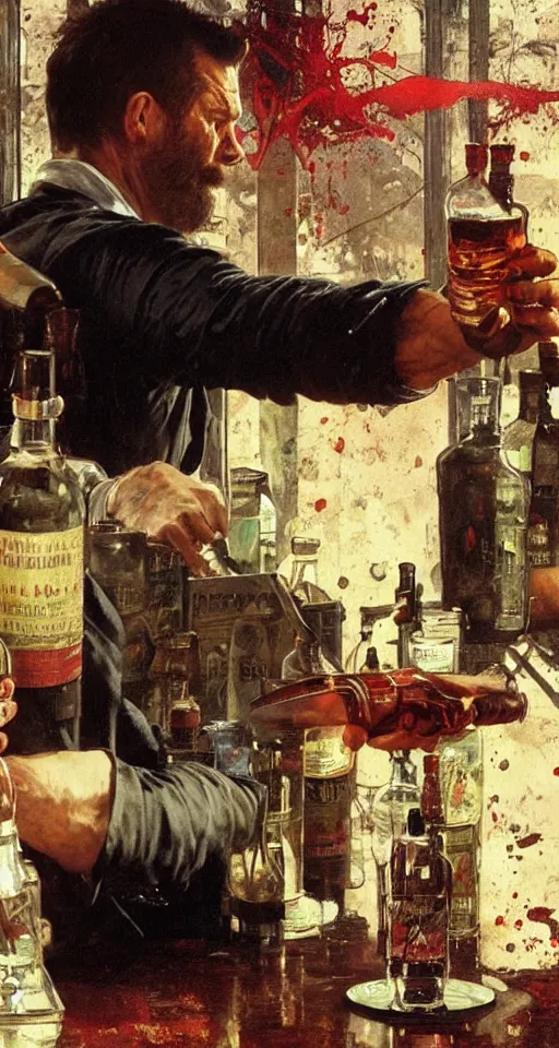 Image similar to close up of bloodied max payne pouring vodka, sun shining, photo realistic illustration by greg rutkowski, thomas kindkade, alphonse mucha, loish, norman rockwell.