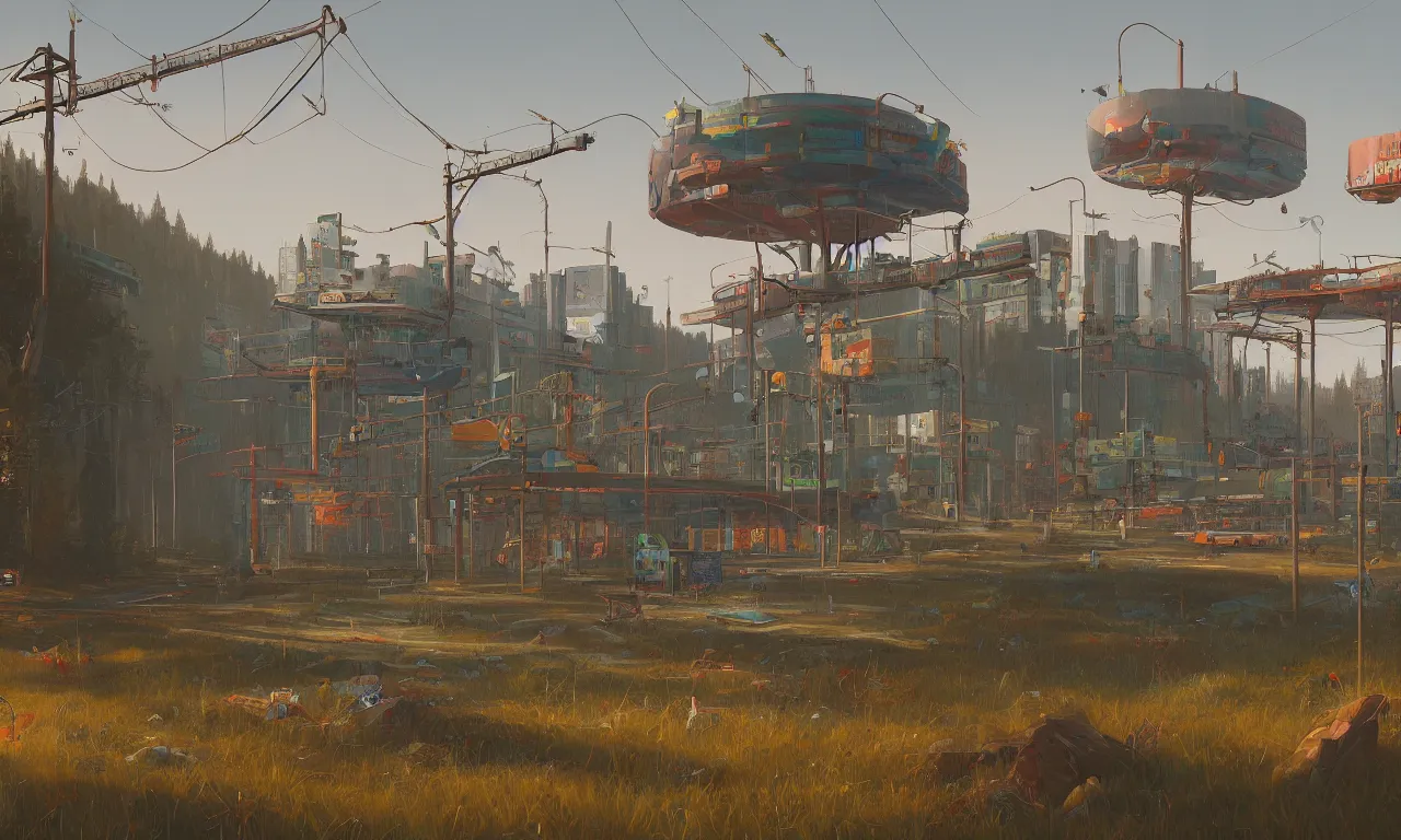 Image similar to artist simon stalenhag hyper realistic painting of a landscape in the future, high detail, artstation,