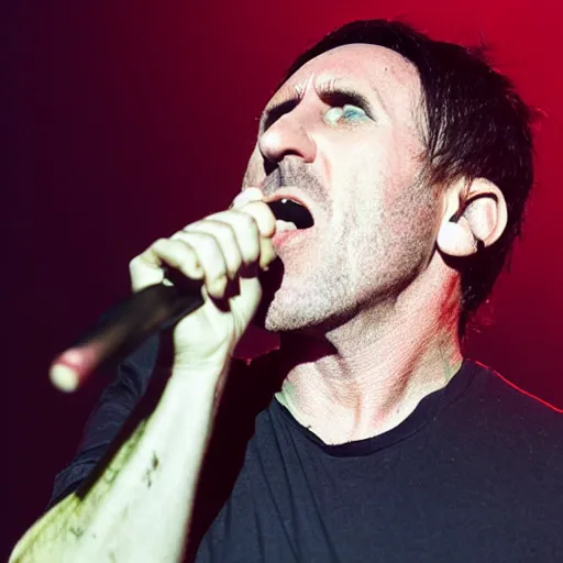 Prompt: Concert photo of Trent Reznor eating an ice cream cone on stage. Flash photography.