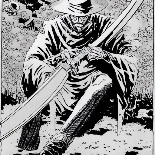 Image similar to Frank Zappa golden Vagabond magic swordsman glides through a beautiful battlefield magic the gathering dramatic esoteric!!!!!! pen and ink!!!!! illustrated in high detail!!!!!!!! by Hiroya Oku!!!!! Written by Wes Anderson graphic novel published on shonen jump 2002 award winning!!!!