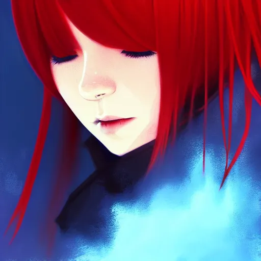 Image similar to red water swirling around rimuru tempest crying, enveloped in ghosts, sky blue straight hair, bangs, with amber eyes, black jacket, high collar, ultra fine detaile, dark theme, digital painting, psychedelic, cinematic, wlop, pixiv, ilya kuvshinov, ross tran