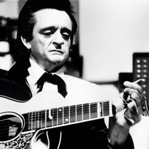 Image similar to Johnny Cash in the 1970's playing a Theremin, black and white photograph