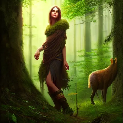 Image similar to a pretty female druid surrounded by forest animals, in the woods, hyper realistic, digital painting, photorealistic, in the style of greg rutkowski, highly detailed