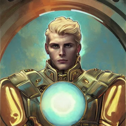 Image similar to portrait of uncannily beautiful blonde man, genetically perfect, with distant expression and piercing blue eyes, wearing fascist Byzantine police uniform and standing in ancient bronze arcology airlock, science fiction concept art by Anato Finnstark, Alphonse Mucha, and Greg Rutkowski