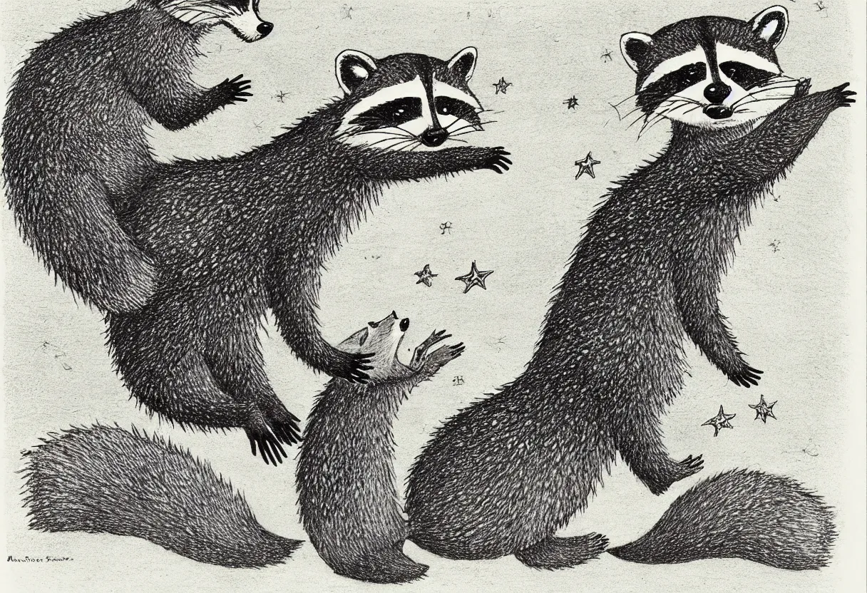 Image similar to one raccoon holding up and looking at a starfish, maurice sendak