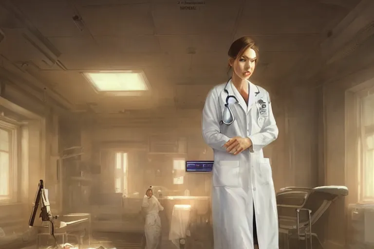 Prompt: a poster of emergency room, an elegant and beautiful female doctor in a white coat, cinematic, highly detailed, digital painting, artstation, concept art, matte, sharp focus, illustration, industrial light and magic, art by artgerm and greg rutkowski