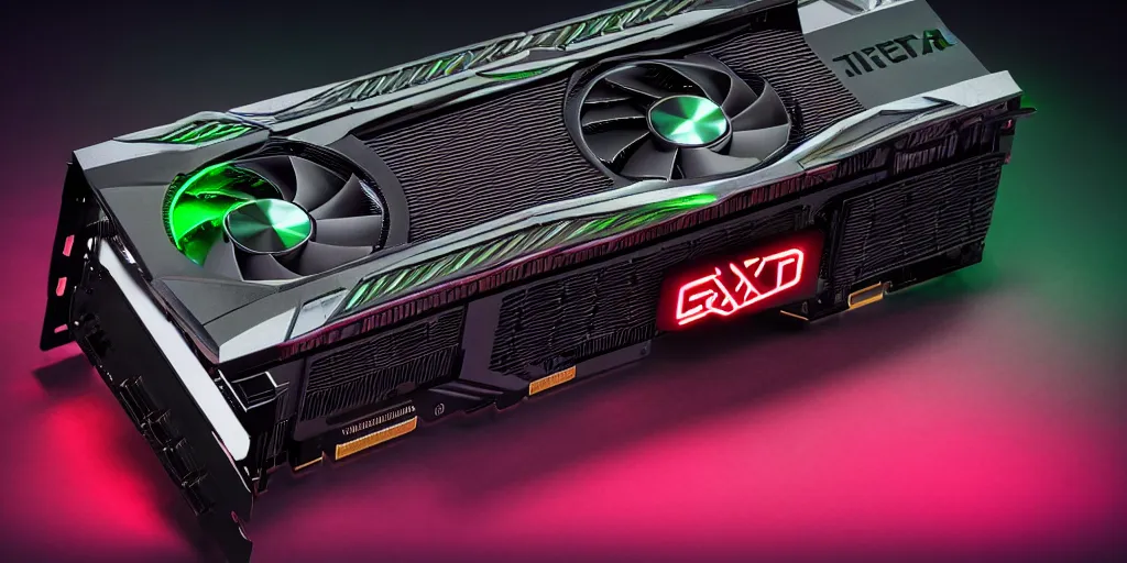Prompt: product photo of triple wide extra long gtx rtx 4 0 9 0 nvidia gpu graphics card dramatic black background neon lighting