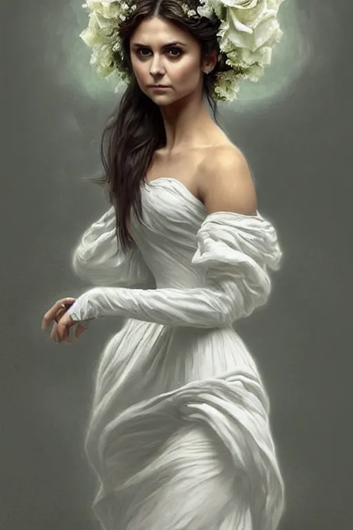 Prompt: Nina Dobrev dressed in a vaporous wrapped large victorian white roses cotton dress fashion, D&D, fantasy, intricate, elegant, highly detailed, digital painting, artstation, concept art, matte, sharp focus, illustration, art by Artgerm and Greg Rutkowski and Alphonse Mucha