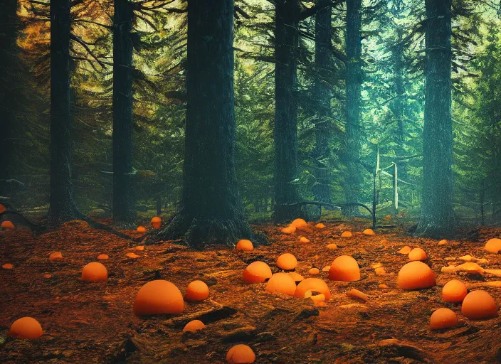 Image similar to a forest with an orange cone scattered about, cinematic photo, atomspheric lighting, 2 4 mm lens, unreal, octane render, detaileld sharp, masterpiece, dynamic, surreal