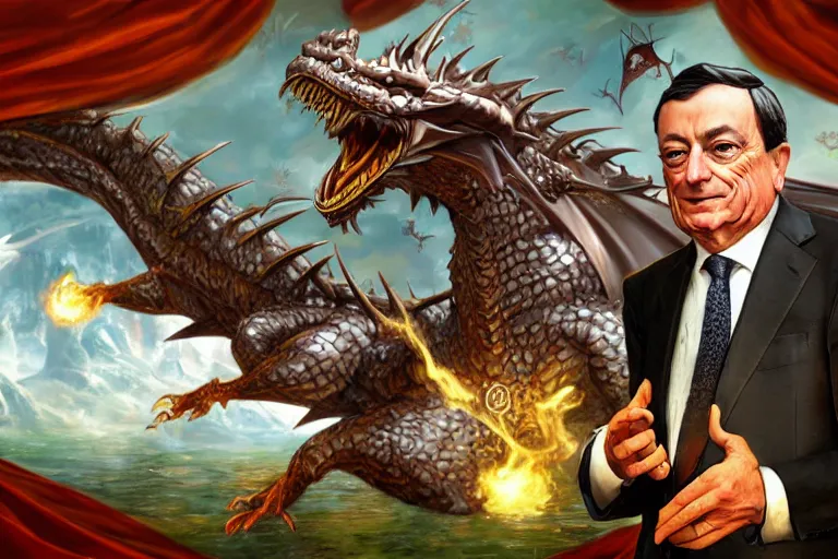 Prompt: Mario Draghi on a dragon fantasy art realistic incredible