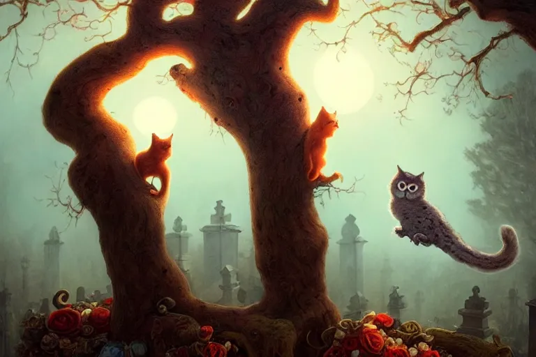 Image similar to casper the friendly ghost flying over a graveyard at midnight, chasing a cat, an interesting owl in a tree, cinestill, painted by james jean and gaston bussiere, very detailed and cute and cozy and transparent, backlight, fog, mist, trending on artstation