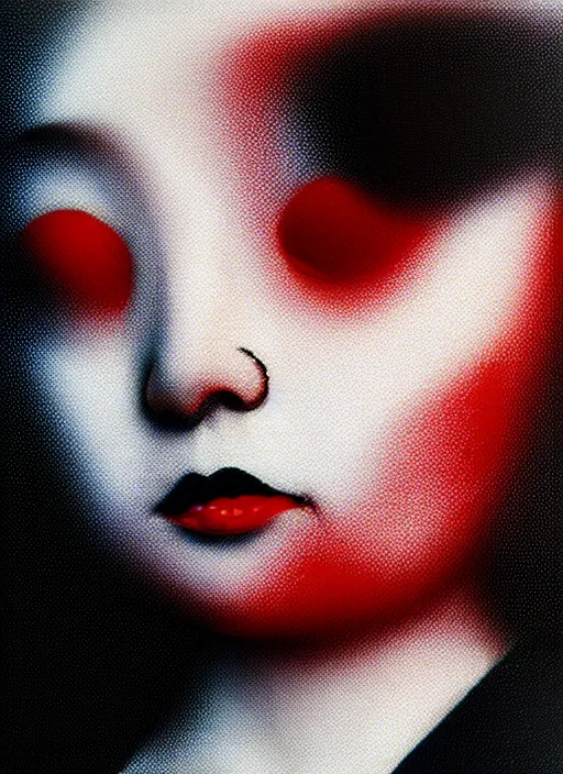 Image similar to red, white and black color palette, yoshitaka amano blurred and dreamy realistic three quarter angle portrait of a young woman with short hair and black eyes wearing office suit with tie, junji ito abstract patterns in the background, satoshi kon anime, noisy film grain effect, highly detailed, renaissance oil painting, weird portrait angle, blurred lost edges