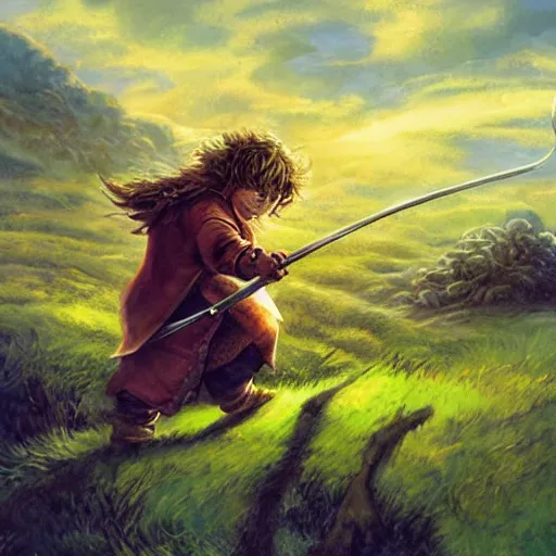 Image similar to A warrior hobbit swings a club at the head of a goblin. The rolling hills of the shire are in the background. Digital fantasy art by Anato Finnstark and Alan Lee.