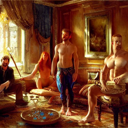 Image similar to attractive muscular mike with ginger hair with attractive tyler with brunet hair, drinking their hearts out, in their noble mansion. image defined to the maximum, highly detailed painting by gaston bussiere, craig mullins 8 k