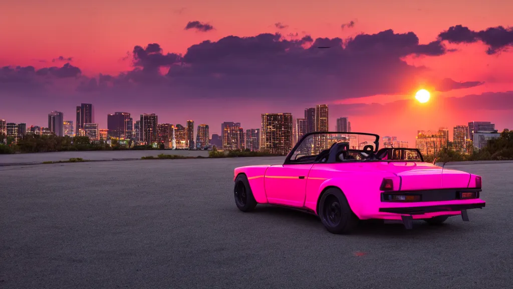 Image similar to neon synthwave datsun fairly roadster, at sunset, 8 k. filling most of the view