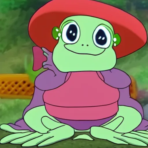 Image similar to cute frog running late for school, anime screencap, cute