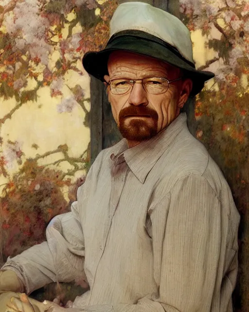 Prompt: walter white, portrait painting by richard schmid, edgar maxence, kehinde wiley, thomas moran, maxfield parrish, studio ghibli, loish, alphonse mucha, fashion photography