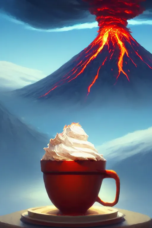 Image similar to coffee cup with volcano erupting from inside whipped cream, stephen bliss, unreal engine, fantasy art by greg rutkowski, rhads, ferdinand knab, makoto shinkai and lois van baarle, ilya kuvshinov, rossdraws, tom bagshaw, global illumination, radiant light, red blue theme, pine forest