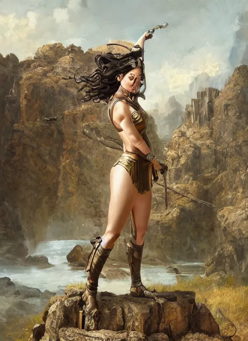 Prompt: oil painting of a highly detailed steampunk gal gadot posing while standing on a rock : leonardo da vinci, greg rutkowski, magali villeneuve