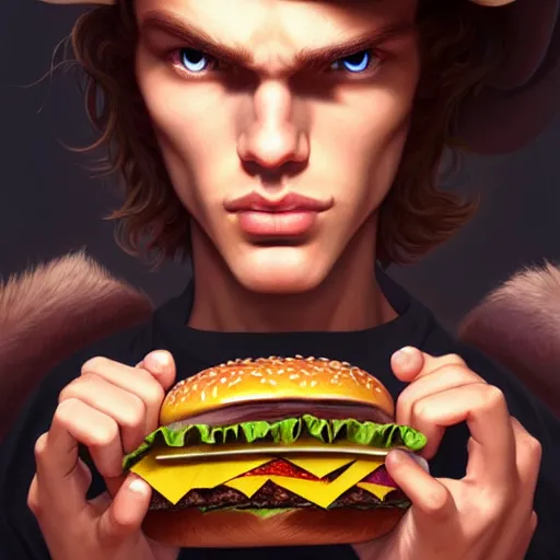 Image similar to Maxmoefoe eating a burger, closeup, D&D style, fantasy, intricate, elegant, highly detailed, digital painting, artstation, concept art, matte, sharp focus, illustration, art by Artgerm and Greg Rutkowski and Alphonse Mucha